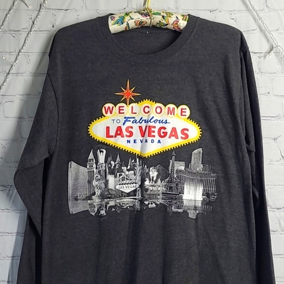 Las Vegas Strip Nevada Casual Gray Graphic Print Long Sleeve Tee Men's Size 2XL - Picture 7 of 17